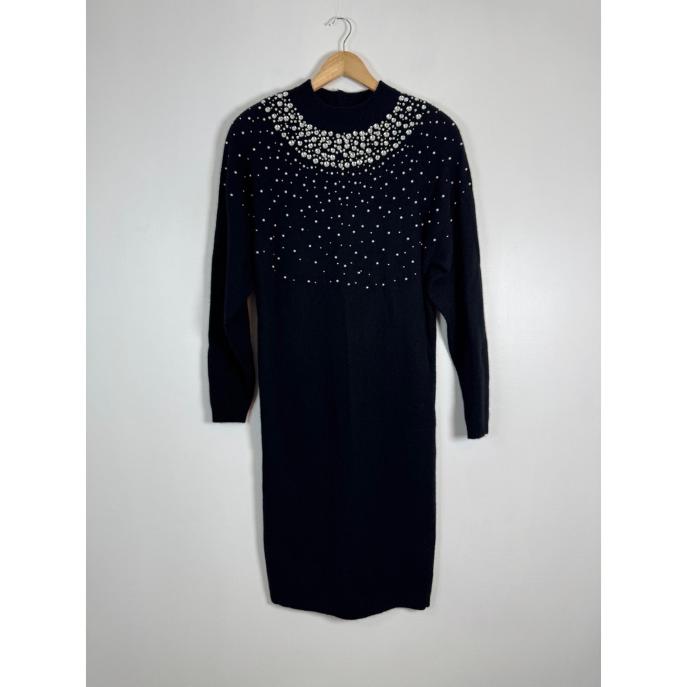 Winter Glam Stephan Andrews Women M Sweater Dress Black Angora Lambswool Pearls